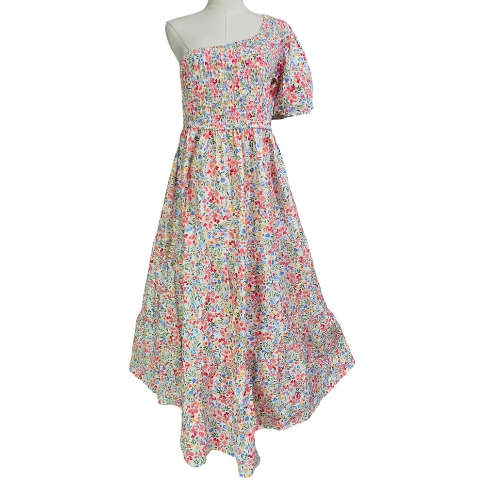 Arula One Shoulder Floral Midi Dress Womens X White Multi Excellent Smocked Puff